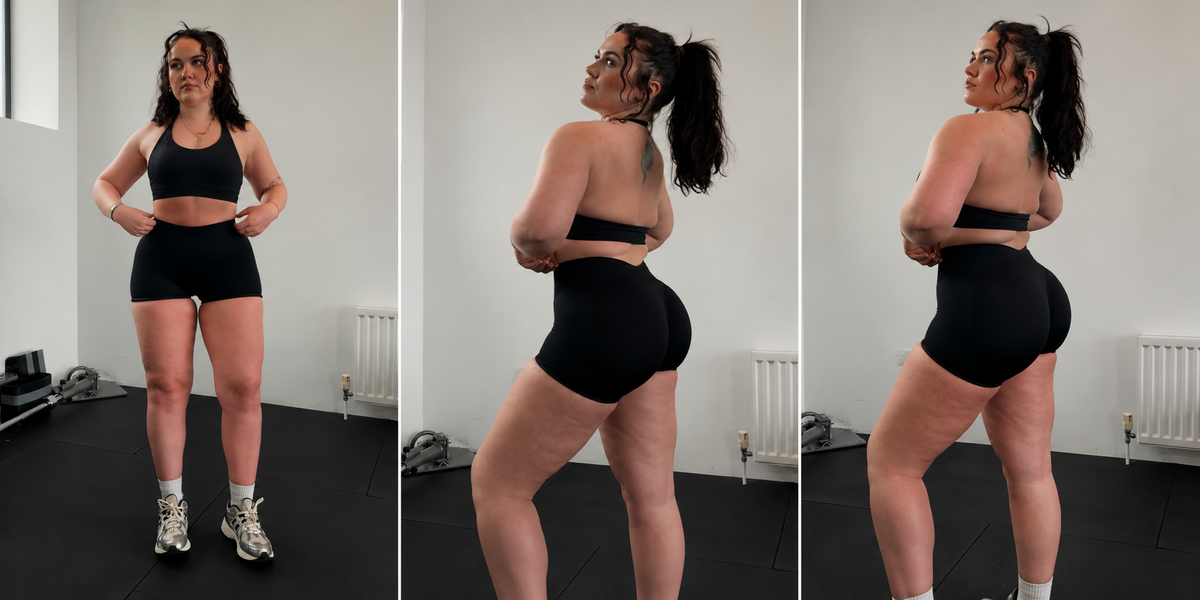 A three-panel before-and-after style fitness comparison showing a woman in a black sports bra and black athletic shorts in a gym setting, with the rightmost panel showing a more defined waist and hip shape.